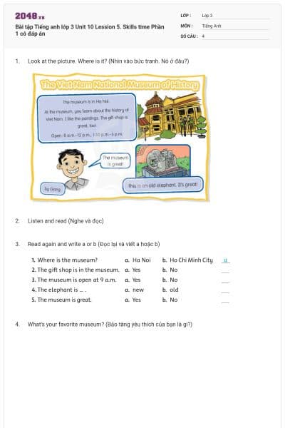 Bài tập Tiếng anh lớp 3 Unit 10 Lession 5. Skills time Phần 1 có đáp án