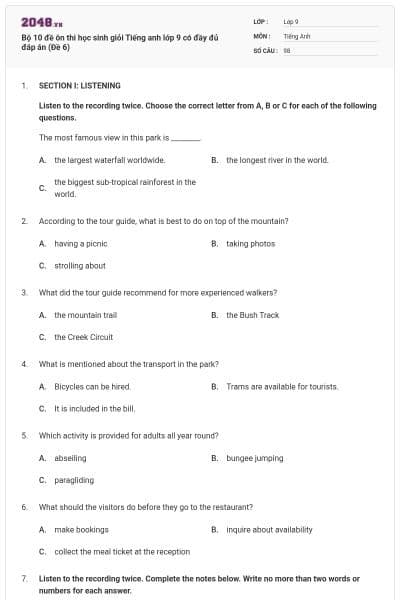 Bộ 10 đề ôn thi học sinh giỏi Tiếng anh lớp 9 có đầy đủ đáp án (Đề 6)