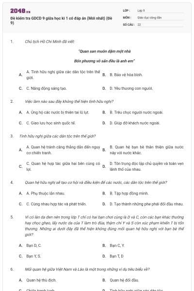 Đề kiểm tra GDCD 9 giữa học kì 1 có đáp án (Mới nhất) (Đề 9)