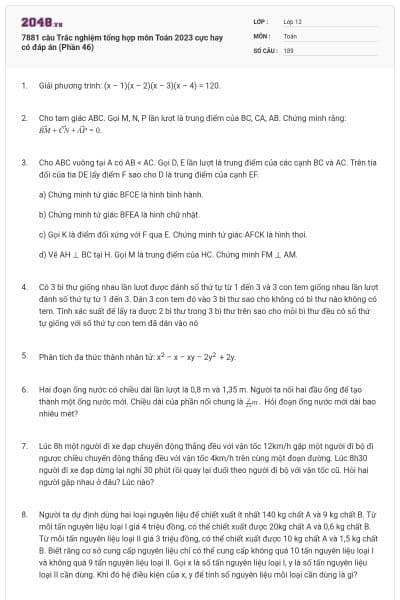 7881 câu Trắc nghiệm tổng hợp môn Toán 2023 cực hay có đáp án (Phần 46)