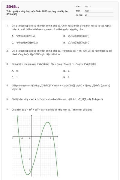 Trắc nghiệm tổng hợp môn Toán 2023 cực hay có đáp án (Phần 50)