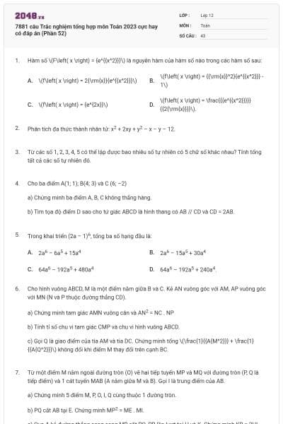 7881 câu Trắc nghiệm tổng hợp môn Toán 2023 cực hay có đáp án (Phần 52)