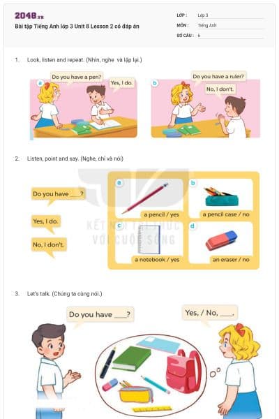 Bài tập Tiếng Anh lớp 3 Unit 8 Lesson 2 có đáp án