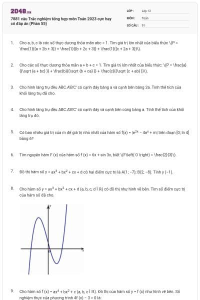 7881 câu Trắc nghiệm tổng hợp môn Toán 2023 cực hay có đáp án (Phần 55)