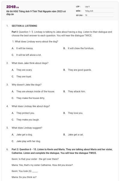 Đề thi HSG Tiếng Anh 9 Tỉnh Thái Nguyên năm 2023 có đáp án