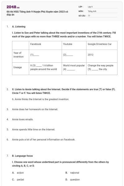 Đề thi HSG Tiếng Anh 9 Huyện Phú Xuyên năm 2023 có đáp án