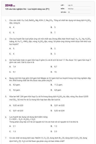 125 câu trắc nghiệm Oxi - Lưu huỳnh nâng cao (P1)