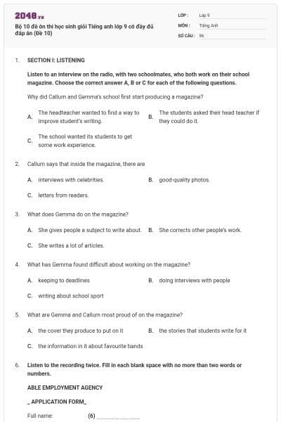 Bộ 10 đề ôn thi học sinh giỏi Tiếng anh lớp 9 có đầy đủ đáp án (Đề 10)