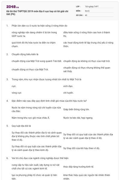 Đề thi thử THPTQG 2019 môn Địa lí cực hay có lời giải chi tiết (P6)