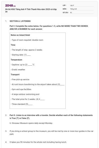 Đề thi HSG Tiếng Anh 9 Tỉnh Thanh Hóa năm 2023 có đáp án