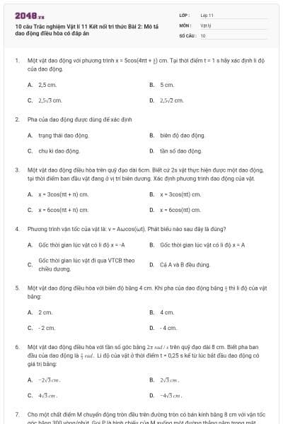 10 câu Trắc nghiệm Vật lí 11 Kết nối tri thức Bài 2: Mô tả dao động điều hòa có đáp án