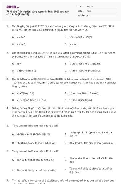 7881 câu Trắc nghiệm tổng hợp môn Toán 2023 cực hay có đáp án (Phần 58)