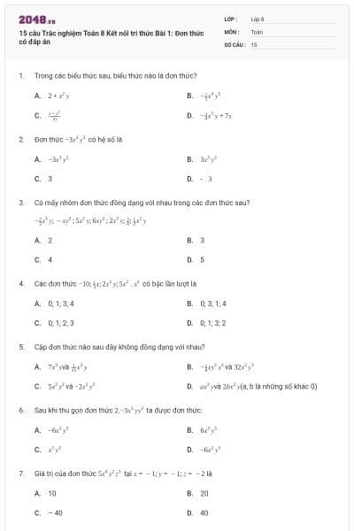 15 câu Trắc nghiệm Toán 8 Kết nối tri thức Bài 1: Đơn thức có đáp án