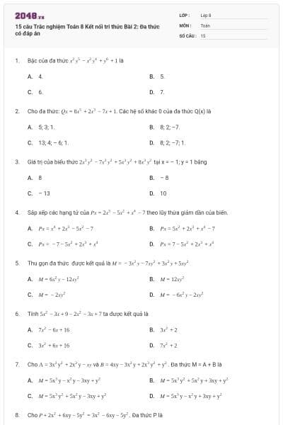15 câu Trắc nghiệm Toán 8 Kết nối tri thức Bài 2: Đa thức có đáp án