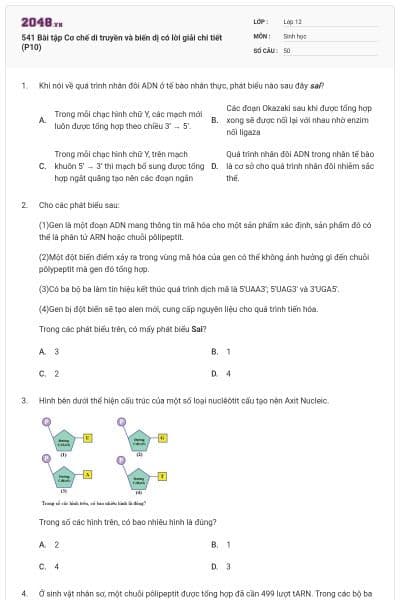 541 Bài tập Cơ chế di truyền và biến dị có lời giải chi tiết (P10)