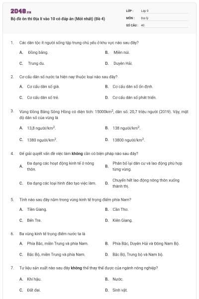 Bộ đề ôn thi Địa lí vào 10 có đáp án (Mới nhất) (Đề 4)