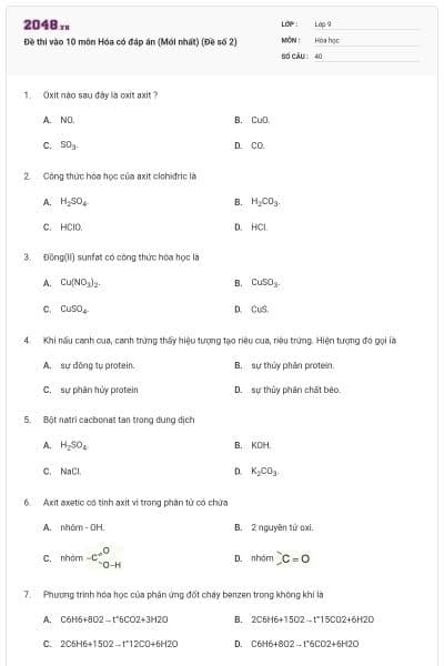 Đề thi vào 10 môn Hóa có đáp án (Mới nhất) (Đề số 2)