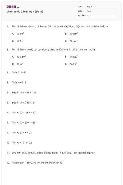 Đề thi học kì 2 Toán lớp 4 (Đề 11)