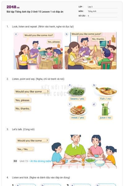 Bài tập Tiếng Anh lớp 3 Unit 15 Lesson 1 có đáp án