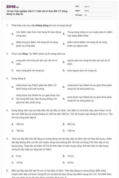 10 câu Trắc nghiệm Vật lí 11 Kết nối tri thức Bài 13: Sóng dừng có đáp án