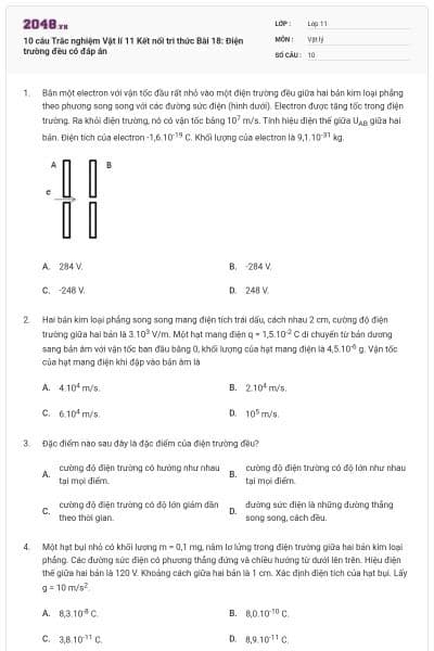 10 câu Trắc nghiệm Vật lí 11 Kết nối tri thức Bài 18: Điện trường đều có đáp án