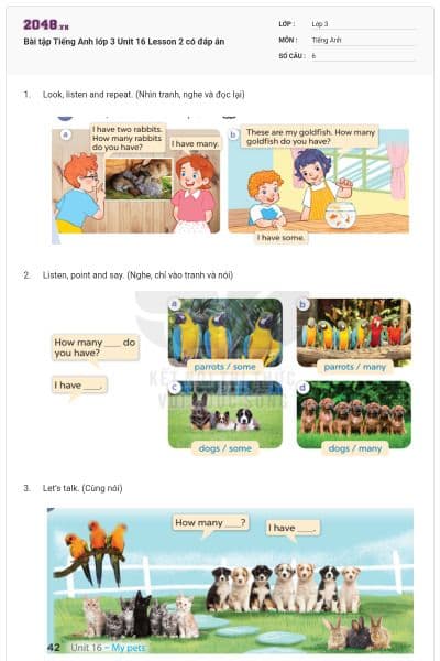 Bài tập Tiếng Anh lớp 3 Unit 16 Lesson 2 có đáp án