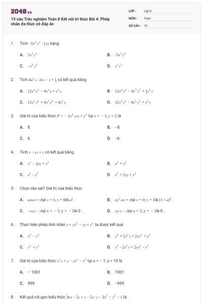 15 câu Trắc nghiệm Toán 8 Kết nối tri thức Bài 4: Phép nhân đa thức có đáp án