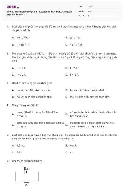 10 câu Trắc nghiệm Vật lí 11 Kết nối tri thức Bài 24: Nguồn điện có đáp án