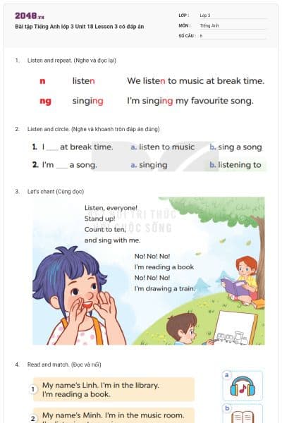 Bài tập Tiếng Anh lớp 3 Unit 18 Lesson 3 có đáp án