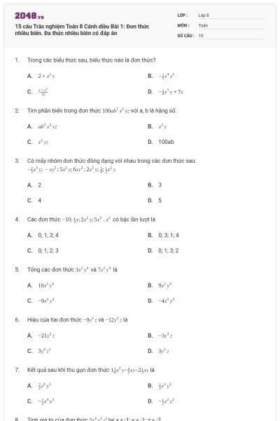 15 câu Trắc nghiệm Toán 8 Cánh diều Bài 1: Đơn thức nhiều biến. Đa thức nhiều biến có đáp án