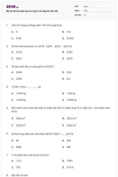 Bộ 25 đề thi toán học kì I lớp 5 có đáp án( Đề 24)