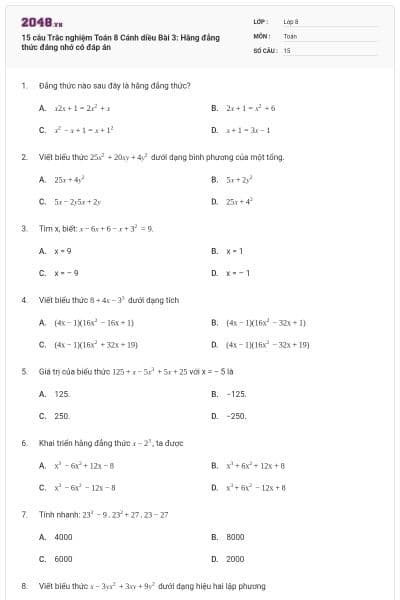 15 câu Trắc nghiệm Toán 8 Cánh diều Bài 3: Hằng đẳng thức đáng nhớ có đáp án