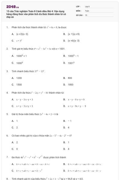 15 câu Trắc nghiệm Toán 8 Cánh diều Bài 4: Vận dụng hằng đẳng thức vào phân tích đa thức thành nhân tử có đáp án
