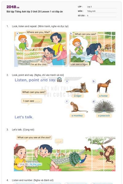 Bài tập Tiếng Anh lớp 3 Unit 20 Lesson 1 có đáp án