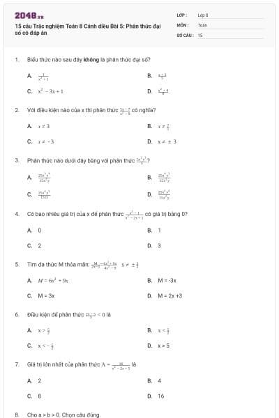 15 câu Trắc nghiệm Toán 8 Cánh diều Bài 5: Phân thức đại số có đáp án