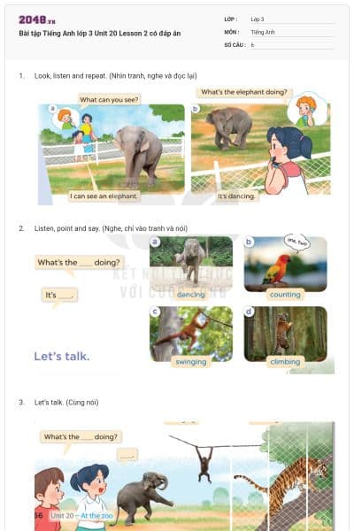 Bài tập Tiếng Anh lớp 3 Unit 20 Lesson 2 có đáp án