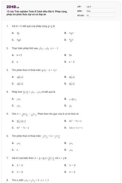 15 câu Trắc nghiệm Toán 8 Cánh diều Bài 6: Phép cộng, phép trừ phân thức đại số có đáp án