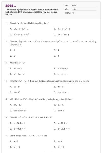 15 câu Trắc nghiệm Toán 8 Kết nối tri thức Bài 6: Hiệu hai bình phương. Bình phương của một tổng hay một hiệu có đáp án