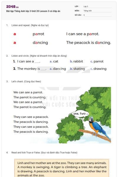 Bài tập Tiếng Anh lớp 3 Unit 20 Lesson 3 có đáp án