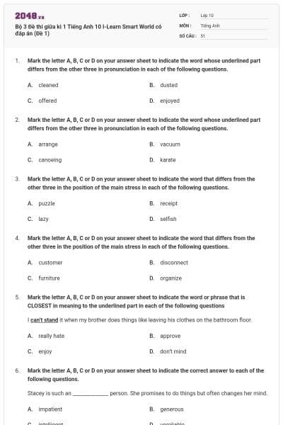 Bộ 3 Đề thi giữa kì 1 Tiếng Anh 10 I-Learn Smart World có đáp án (Đề 1)