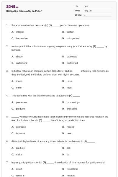 Bài tập Đọc hiểu có đáp án Phần 1