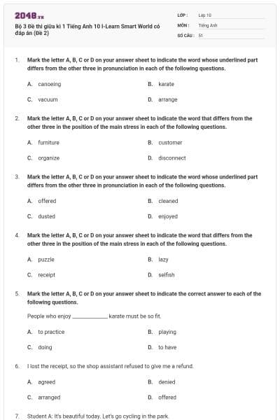 Bộ 3 Đề thi giữa kì 1 Tiếng Anh 10 I-Learn Smart World có đáp án (Đề 2)