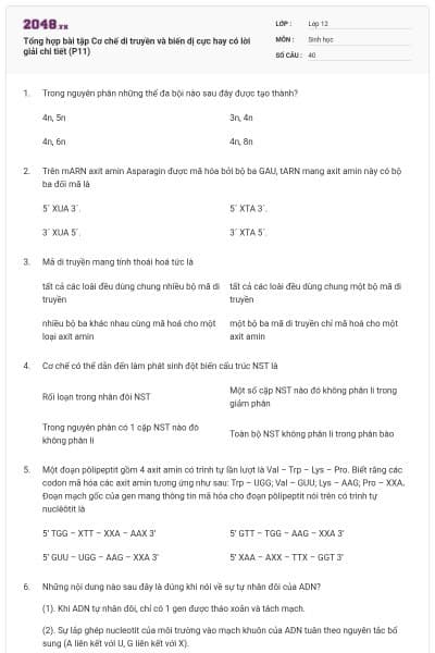 Tổng hợp bài tập Cơ chế di truyền và biến dị cực hay có lời giải chi tiết (P11)
