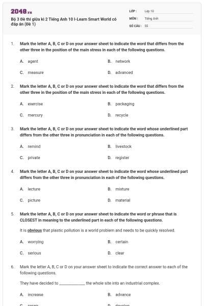 Bộ 3 Đề thi giữa kì 2 Tiếng Anh 10 I-Learn Smart World có đáp án (Đề 1)