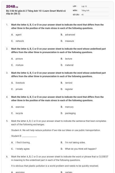 Bộ 3 Đề thi giữa kì 2 Tiếng Anh 10 I-Learn Smart World có đáp án (Đề 3)