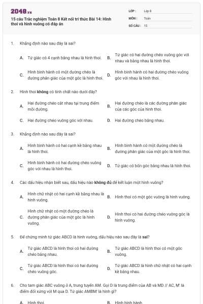 15 câu Trắc nghiệm Toán 8 Kết nối tri thức Bài 14: Hình thoi và hình vuông có đáp án