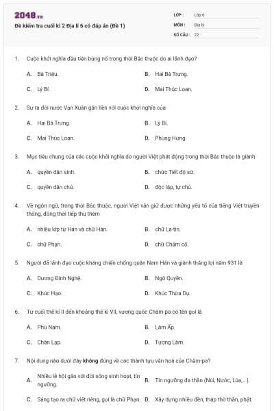 Đề kiểm tra cuối kì 2 Địa lí 6 có đáp án (Đề 1)