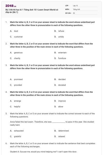 Bộ 3 Đề thi học kì 1 Tiếng Anh 10 I-Learn Smart World có đáp án (Đề 1)