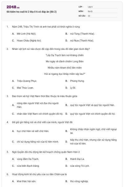 Đề kiểm tra cuối kì 2 Địa lí 6 có đáp án (Đề 2)