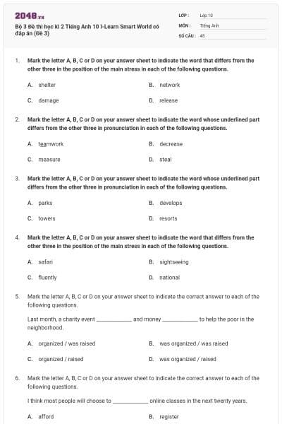 Bộ 3 Đề thi học kì 2 Tiếng Anh 10 I-Learn Smart World có đáp án (Đề 3)